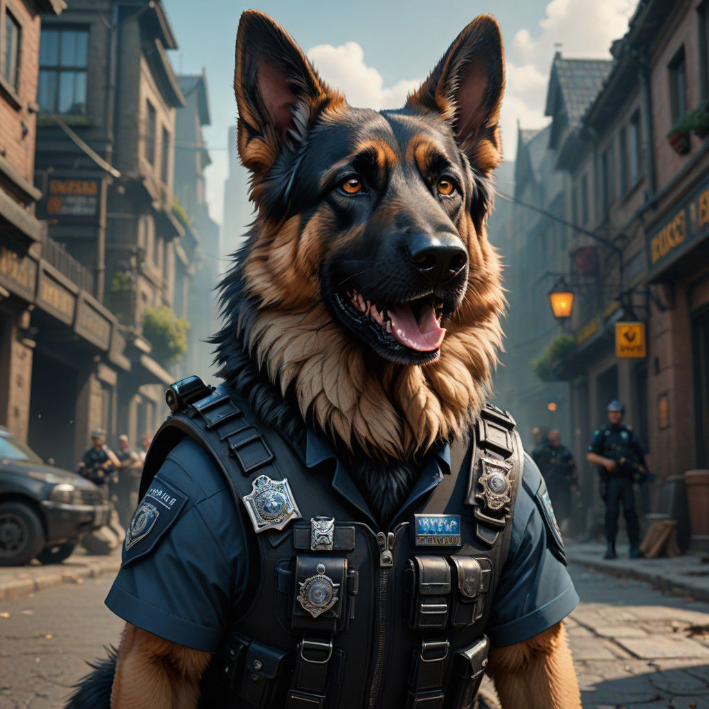 Majestic Furry German Shepherd Police Dog in Imposing Detail