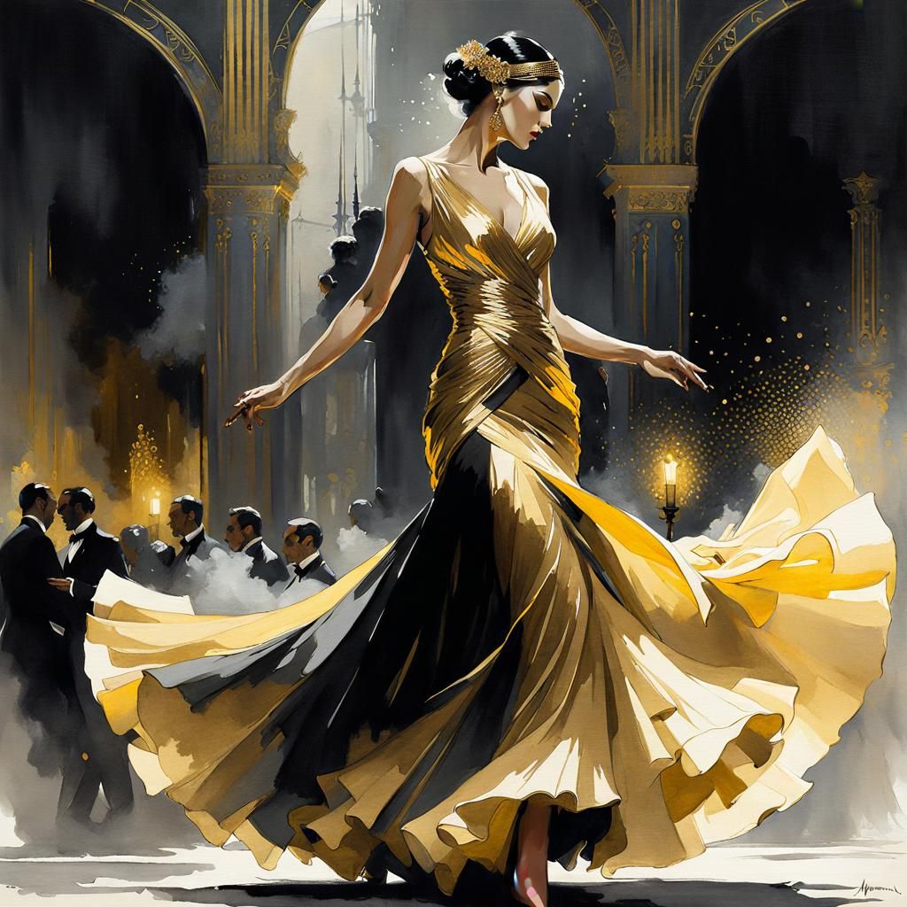 Golden Flamenco Dancer in Watercolor Wash