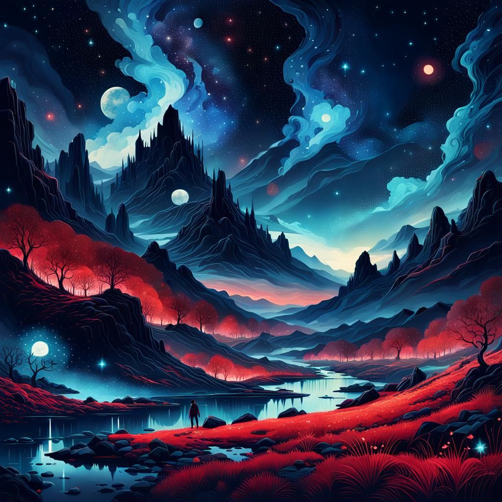 Epic Starry Midnight Landscape in Polyptych Style
