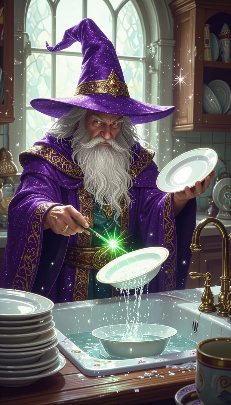Wizard Conjures Clean Dishes in Fantasy Art Style