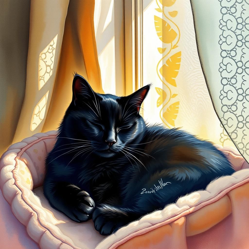 Black Cat Nap in Watercolor Style