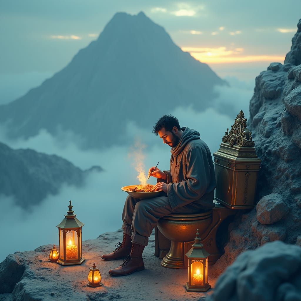 Man Eats Dinner on Mountain Toilet, Surreal Matte Painting