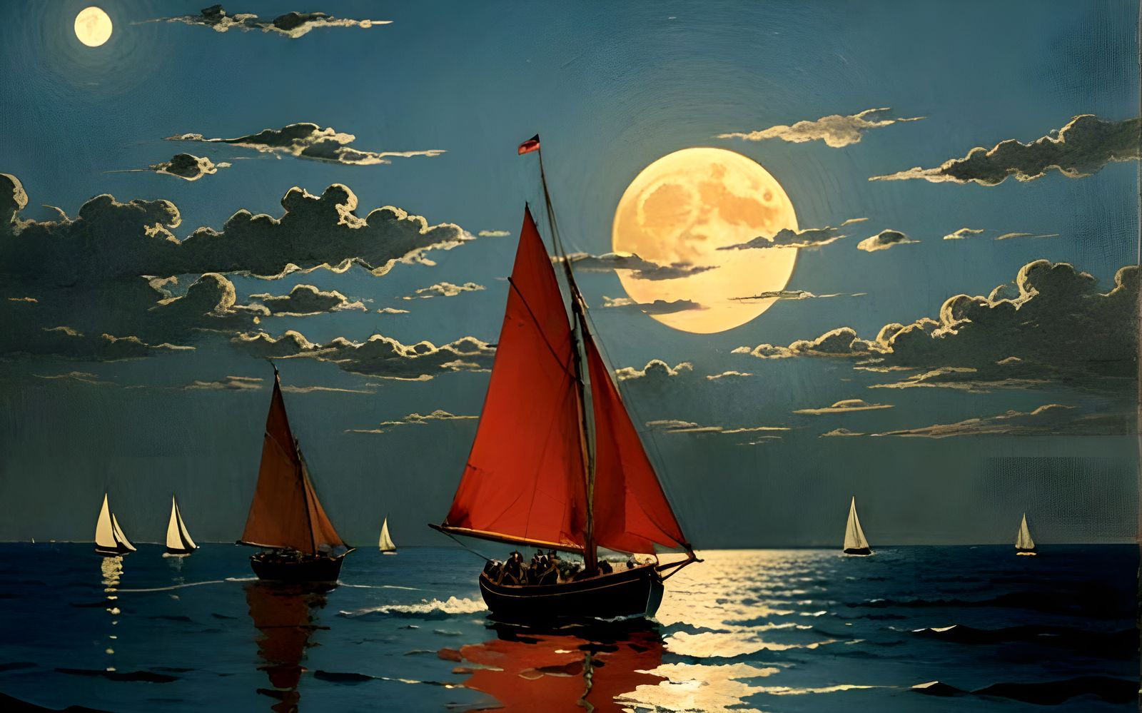 The red sail boat on the blue seas under the golden moon