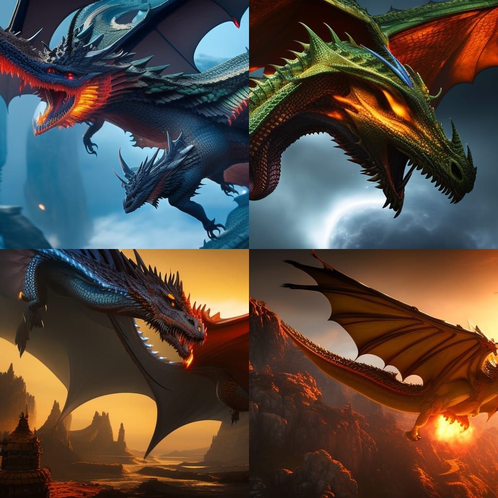 Five Dragons Flying Together in Fantasy Art