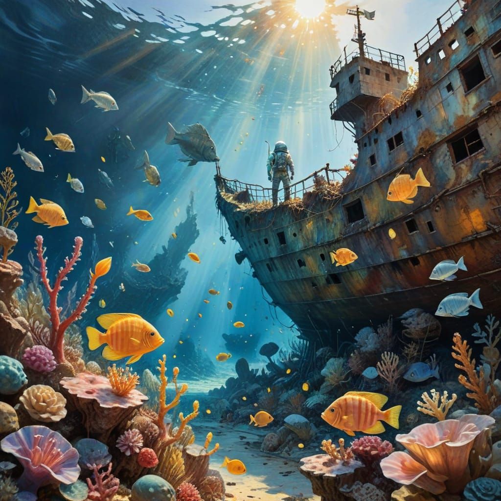 Astronaut Discovers Vibrant Ocean Floor Scene with Abandoned...