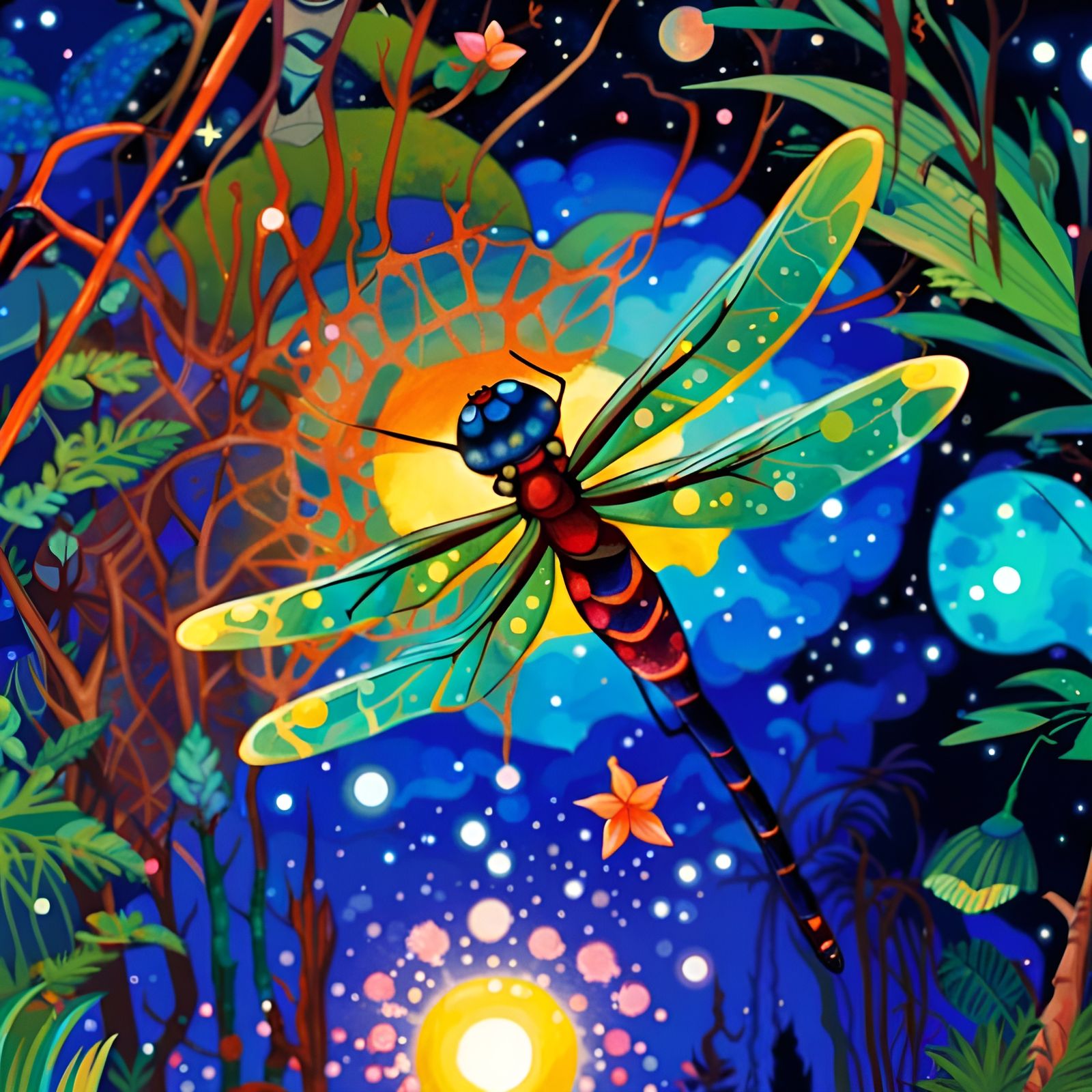 Dragonfly Under Starry Sky: Gouache Painting