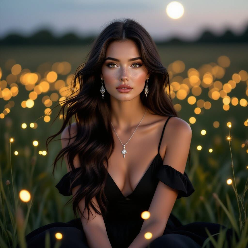 Moonlit Woman in Firefly Field: Photorealistic Portrait