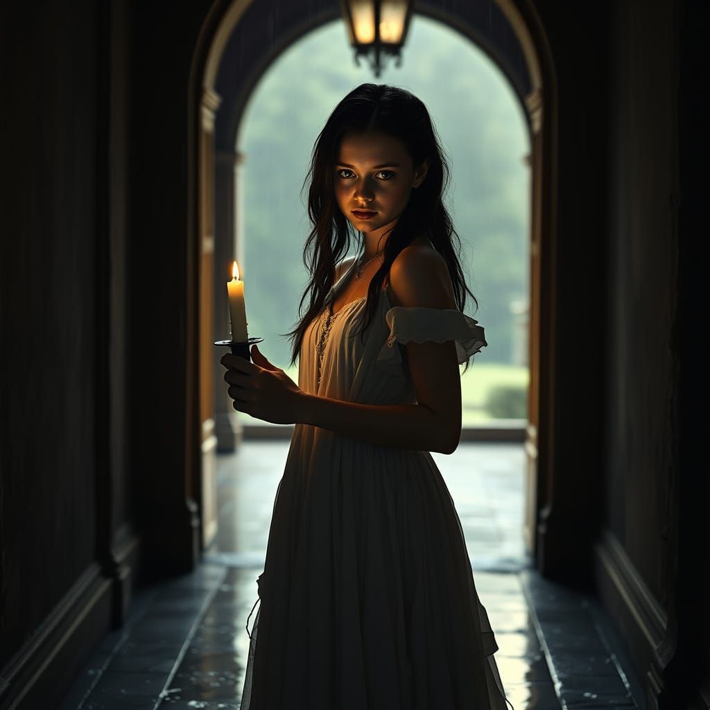 Enigmatic Girl in Castle Hallway with Candle