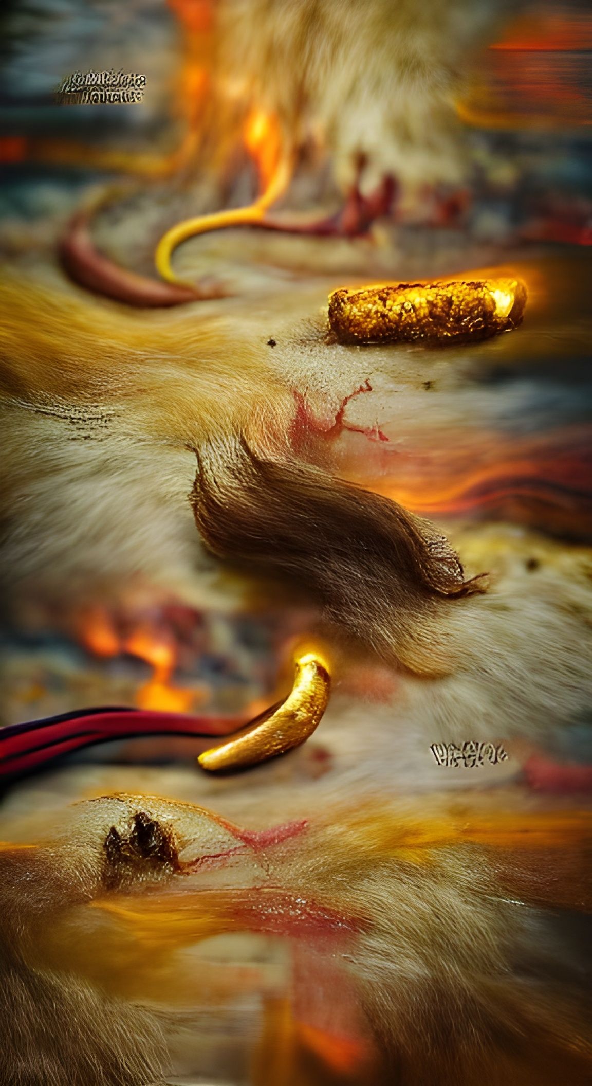 The coarse hair of a wild boar pelt. Yellowing ivory tusks. ...