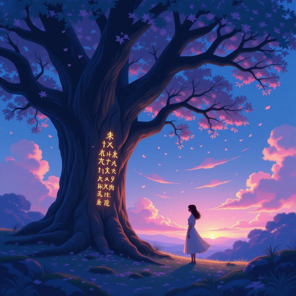 Woman Under Enchanted Oak Tree with Glowing Runes