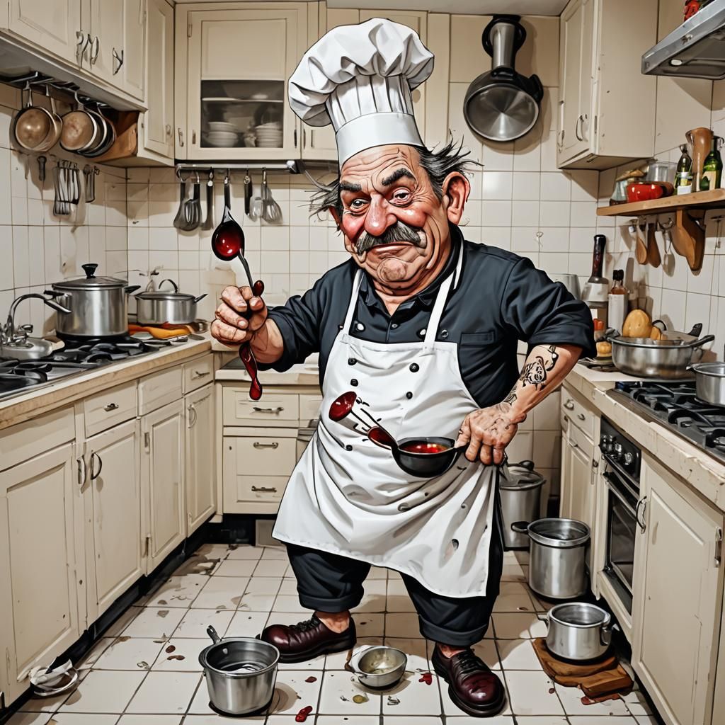 Humorous Caricature of a Chef in Kitchen