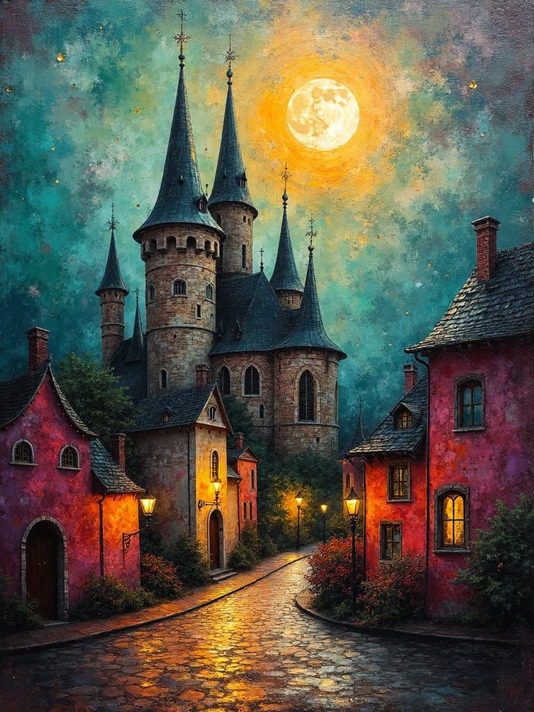 Fairytale Castle Under Full Moon: Impasto Digital Art