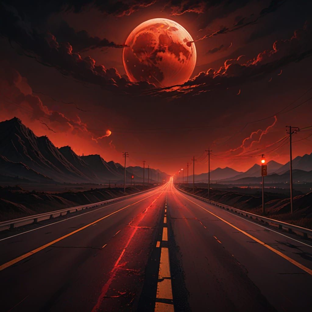 Highway Under Blood Moon in Dark Fantasy Art