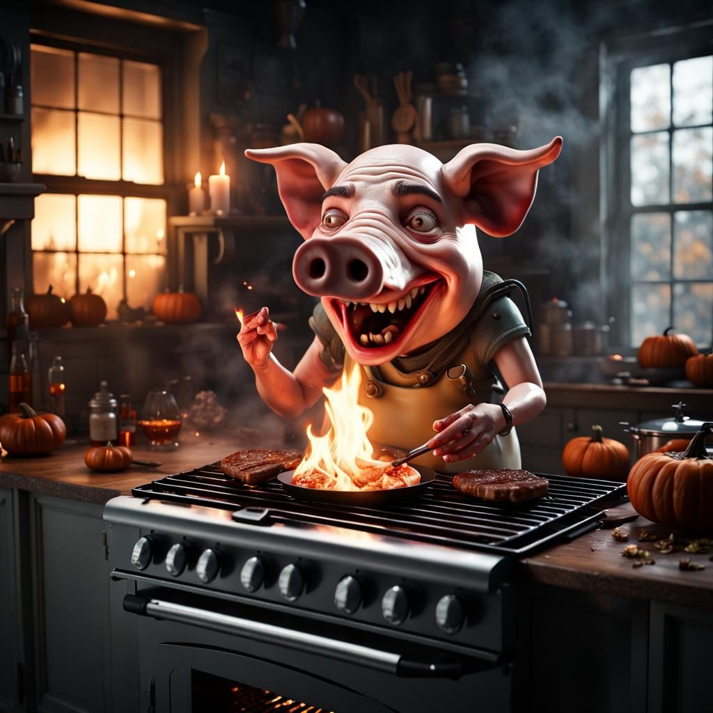 Humanoid Stove Swallowing Pig in Dark Fairytale