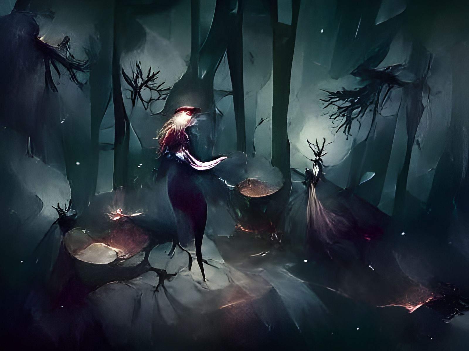 Ominous Fairytale Witch in Dark Forest
