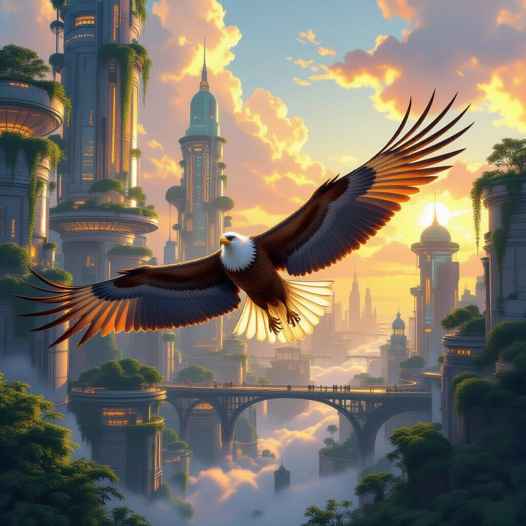 Eagle Soars Through Solarpunk City with Ornithopter Wings