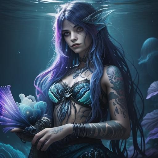 Beautiful emo little mermaid 
Coloured tattoos 
Emo backgrou...