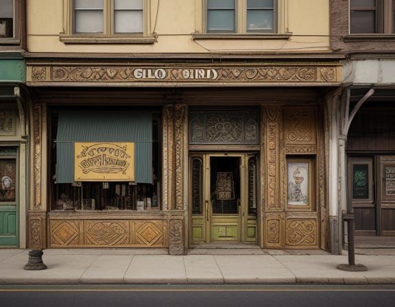 Vintage American Storefront in Distressed Wood and Ornate Ca...