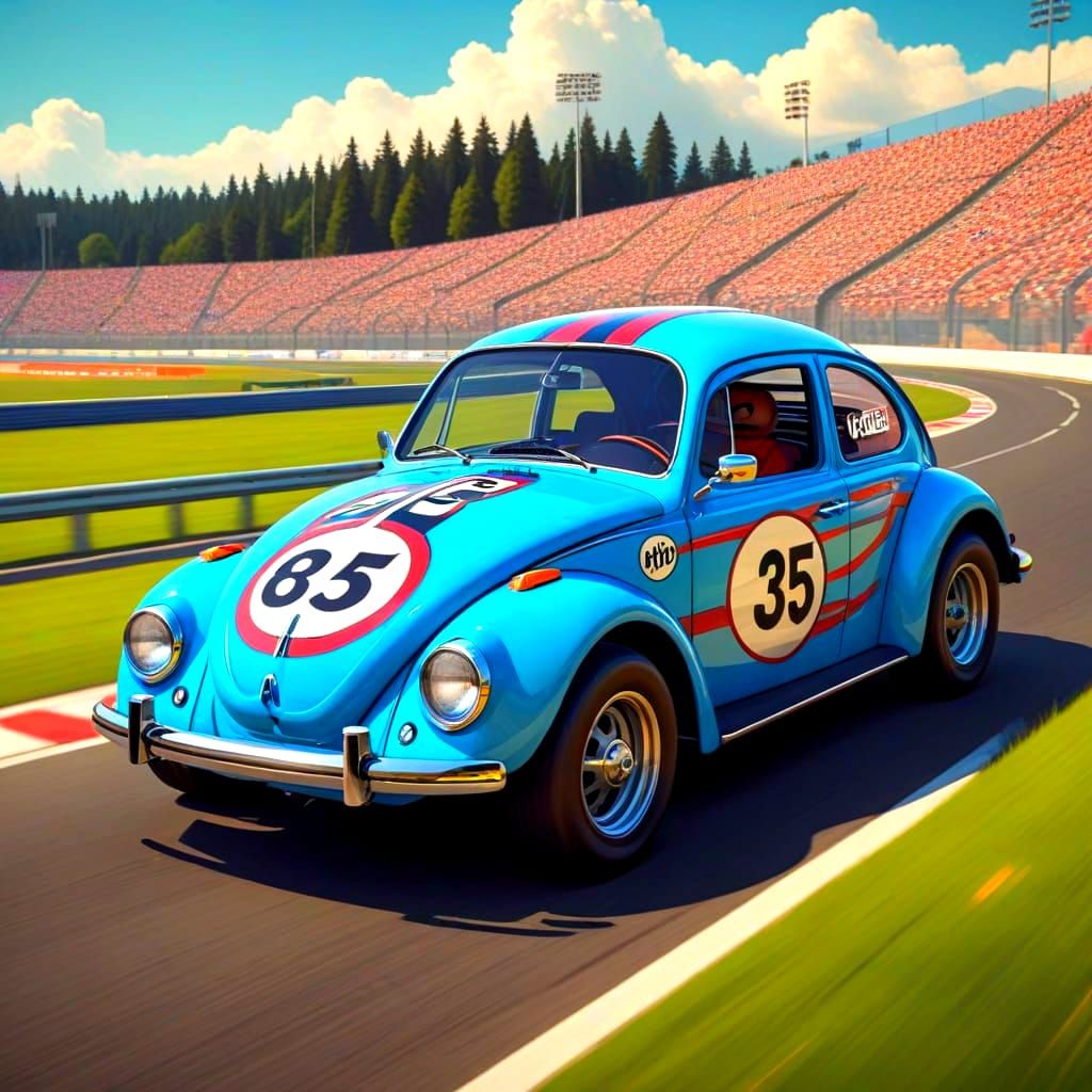 Cartoon 1973 VW Beetle Race Car #35 in Hanna-Barbera Style