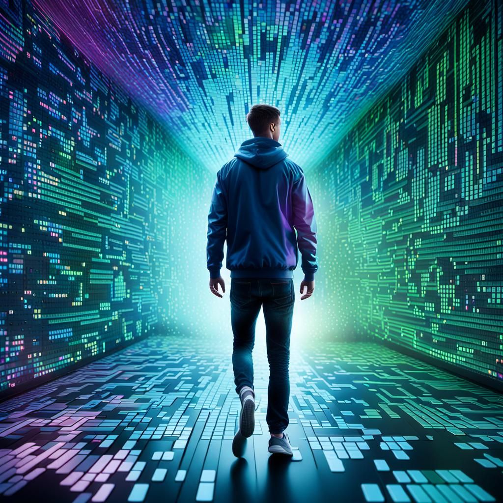 Vibrant Binary Code Streams in Futuristic Digital Landscape