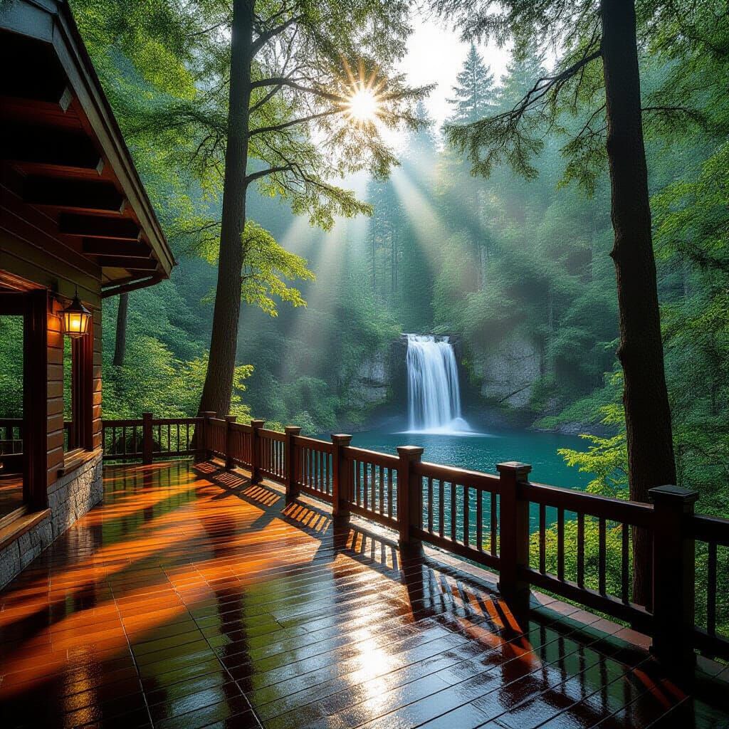 Wooden deck on mountain house with waterfall