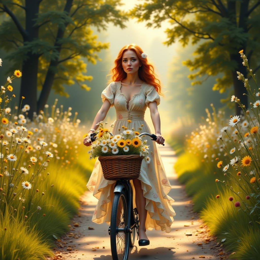Woman on Vintage Bicycle in Golden Hour Countryside