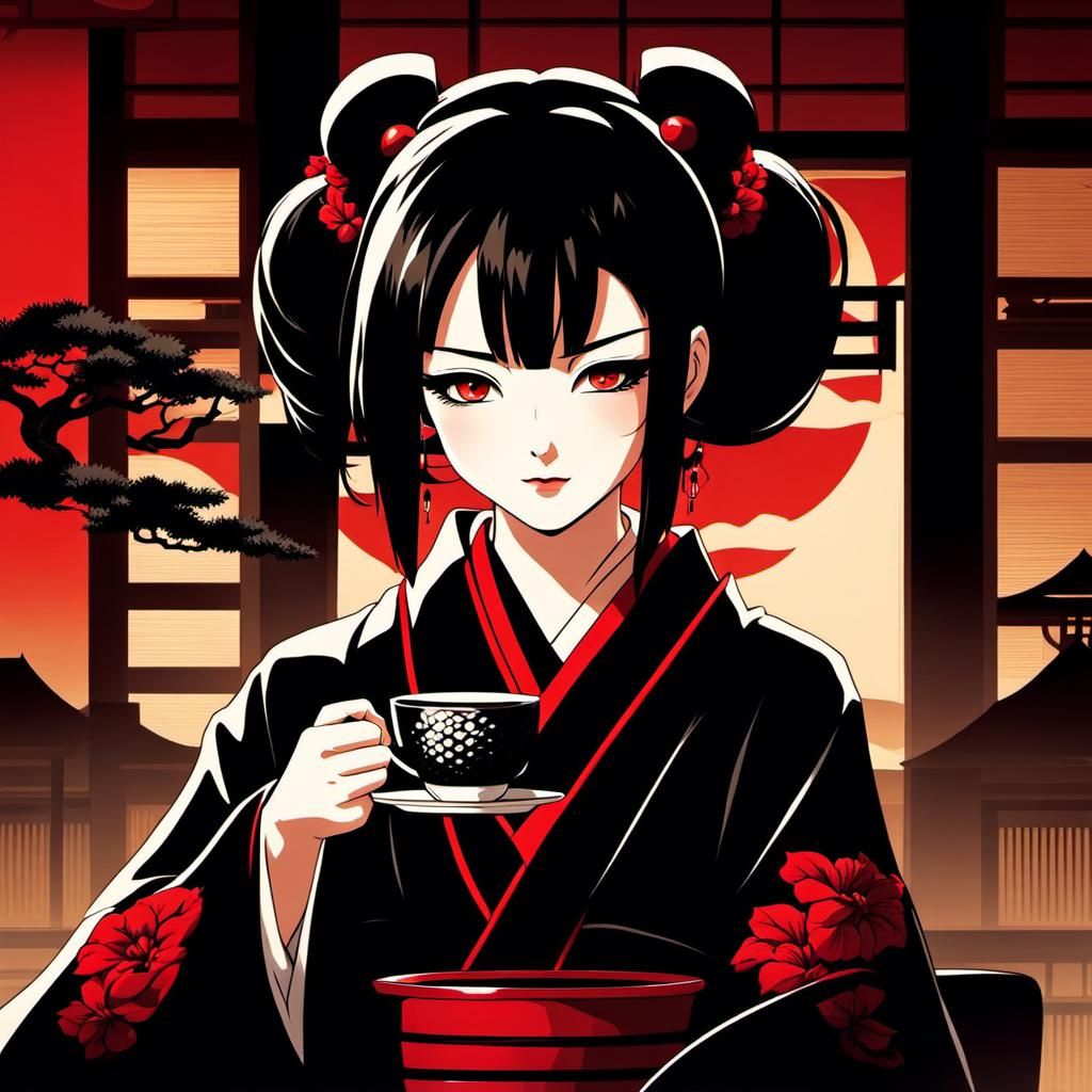 Japanese Woman in Kimono Drinking Tea, Anime Style