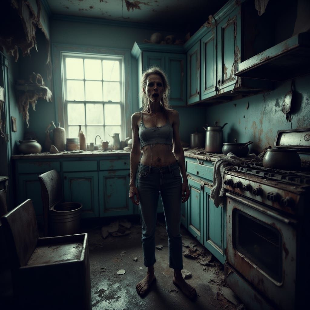 Mom's Shock in Dirty Kitchen: Detailed Realism