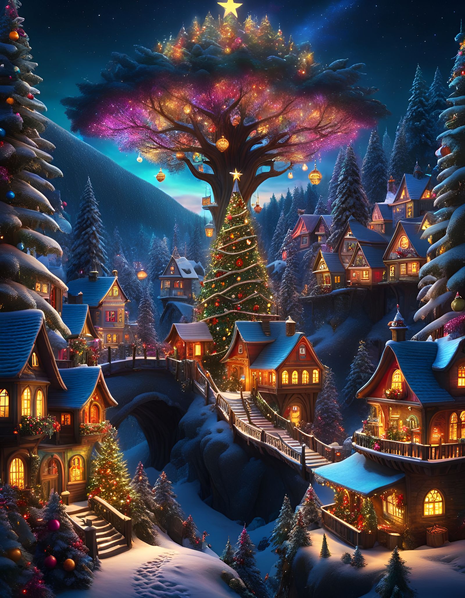 Magical Christmas Tree Village in Mystical Forest