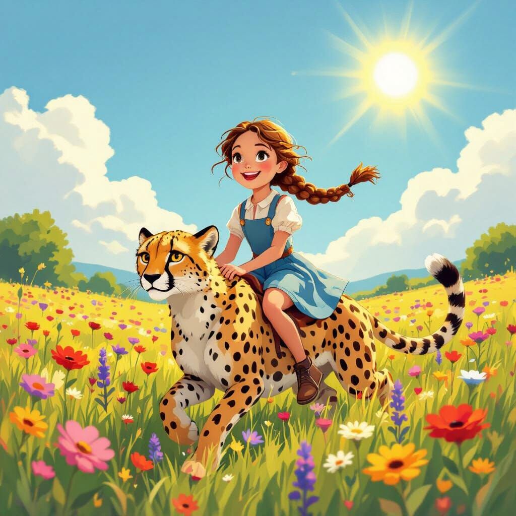 Teen Girl Rides Cheetah in Flowery Meadow
