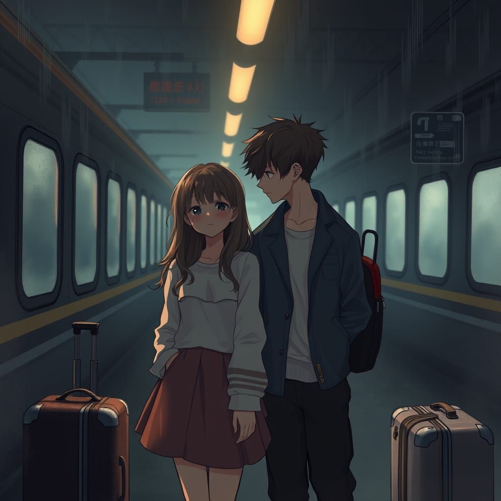 Melancholic Goodbye: Lovers in a Misty Train Station
