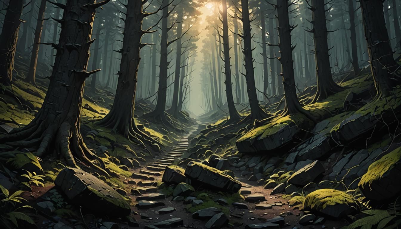 Sinister Forest Path with Sunlight, Dark Fantasy