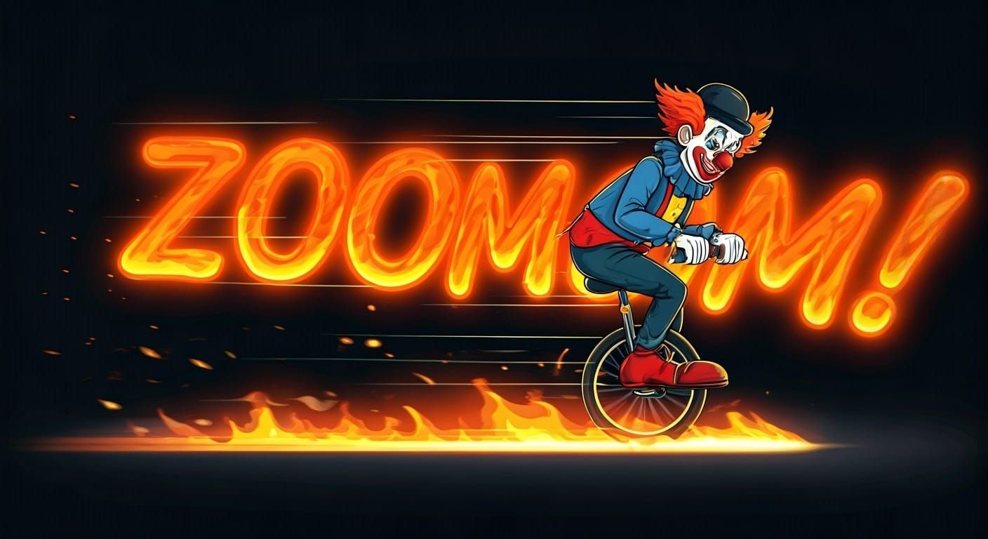 Cartoon Clown on Fiery Unicycle Speeding Down Road