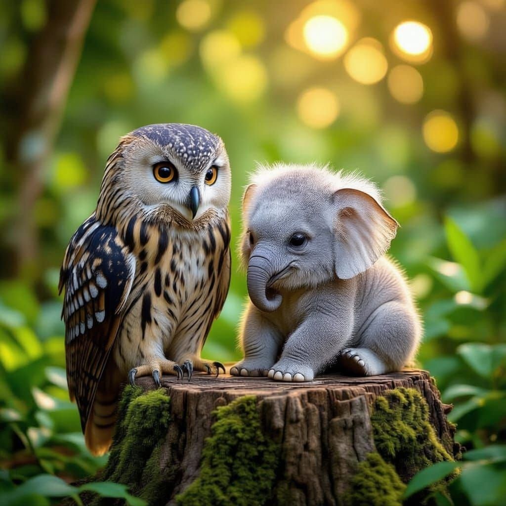 Wise Owl and Baby Elephant Companions in Lush Jungle