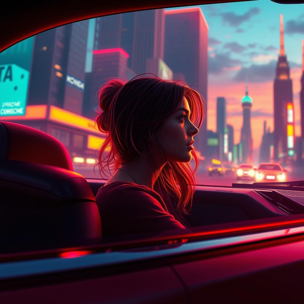 Dreamlike Cityscape: Woman in Porsche, Fantasy Art