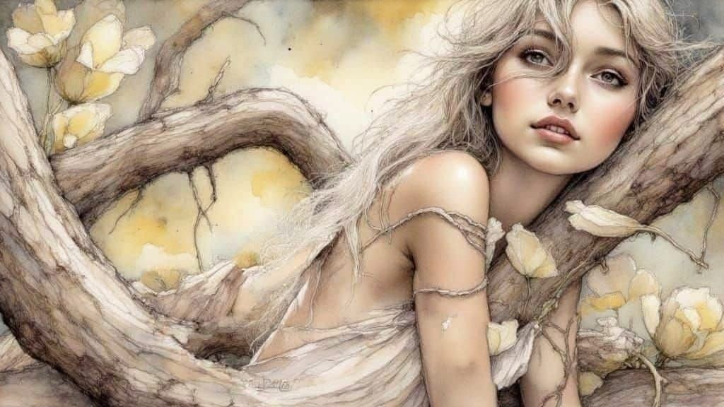 Serene Woodland Siren in Ink