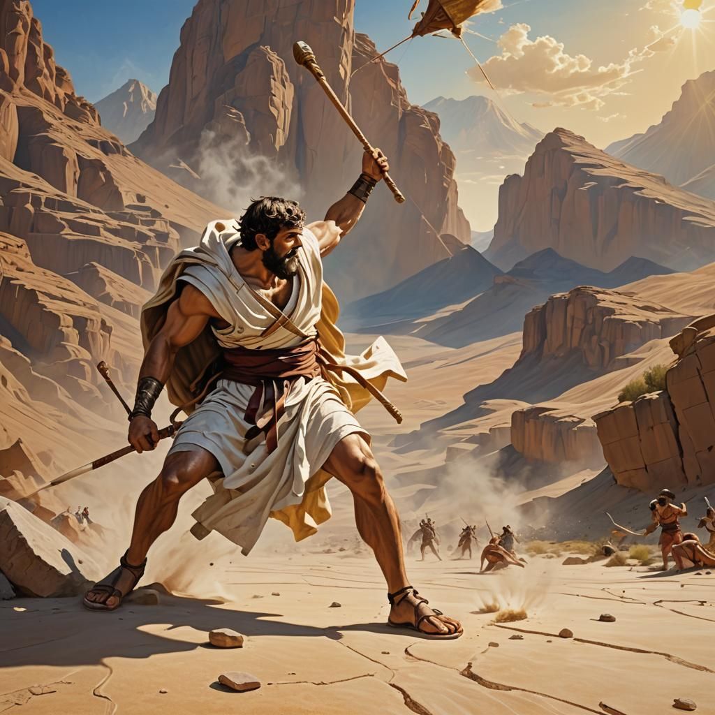 David Defeats Goliath in Classic Art Style