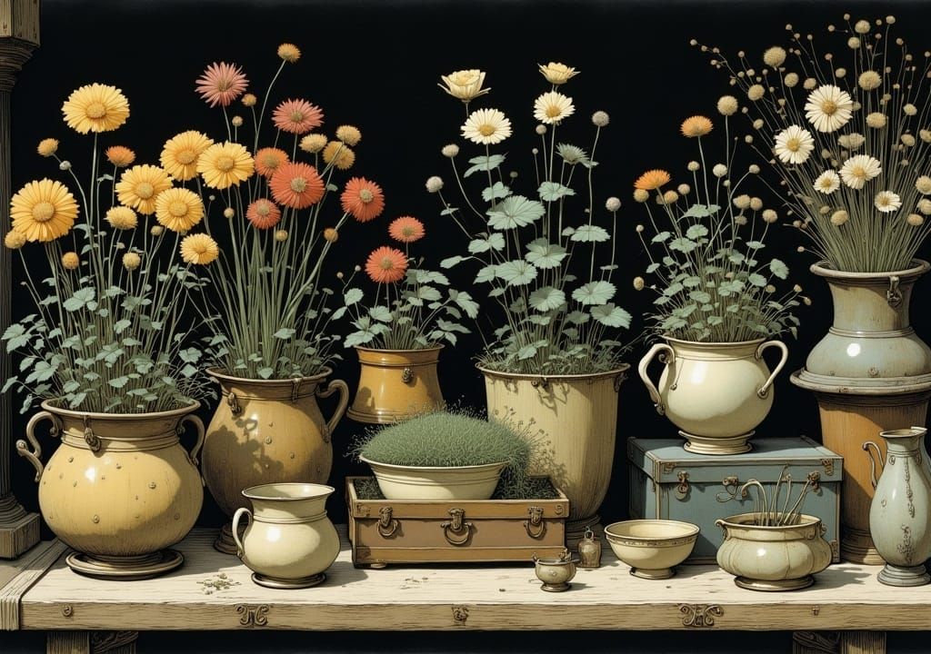 Detailed Flower Shelf Illustration in Arthur Rackham Style