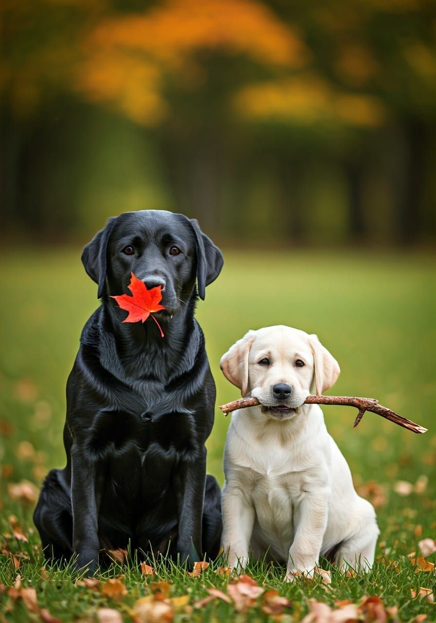 Labrador Retrievers with Maple Leaf and Branch