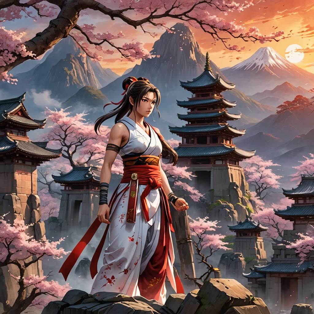 Mai Shiranui Sunset Scene in Japanese Anime Style