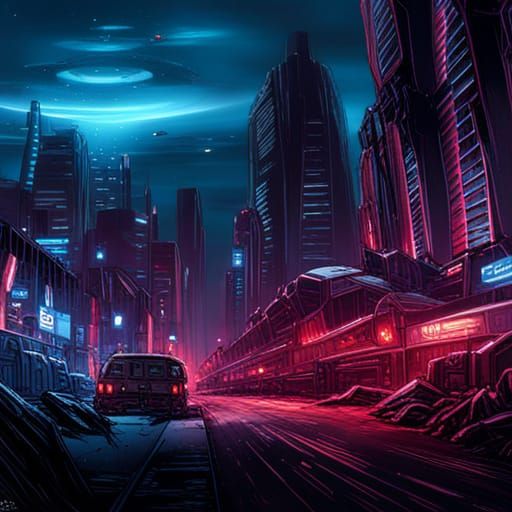 Alien Spaceship over Post-Apocalyptic Cyberpunk City