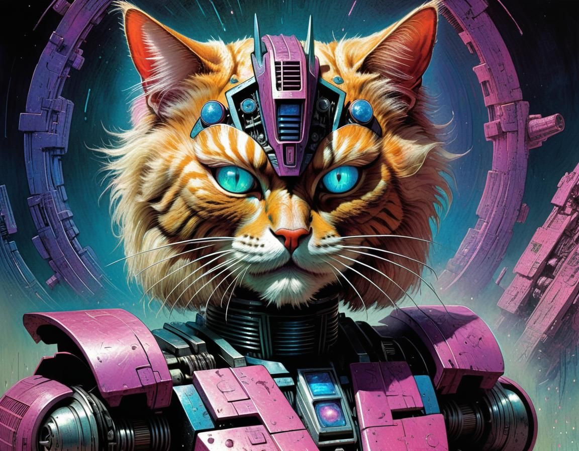Cat Robot Battle in Psychedelic Art Style