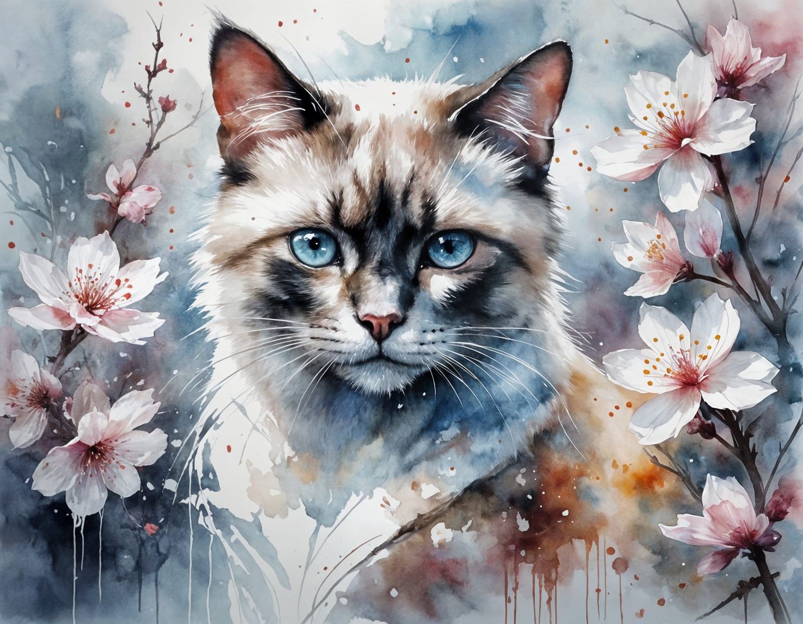 Siamese Kitten Among Cherry Blossoms in Pastel Watercolor