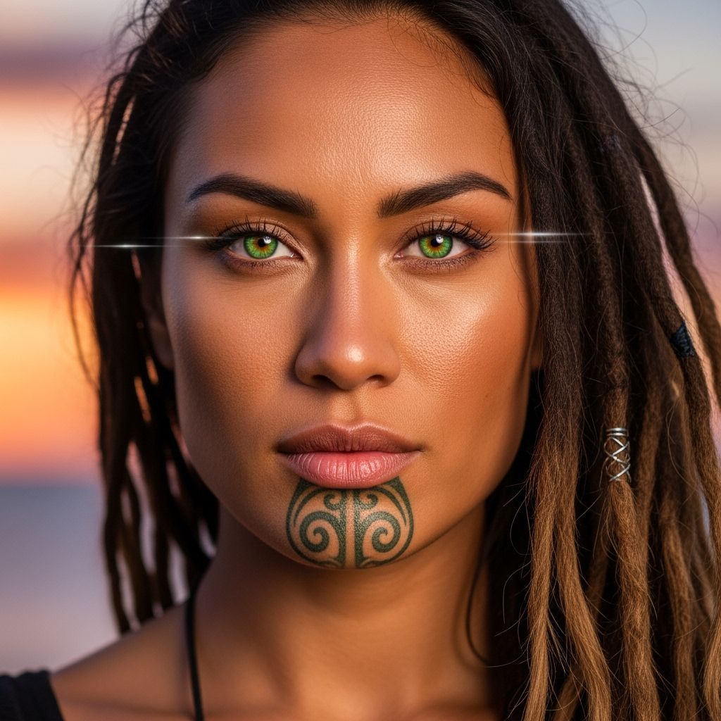 Maori Woman Portrait with Koru Tattoo in Sunset Light