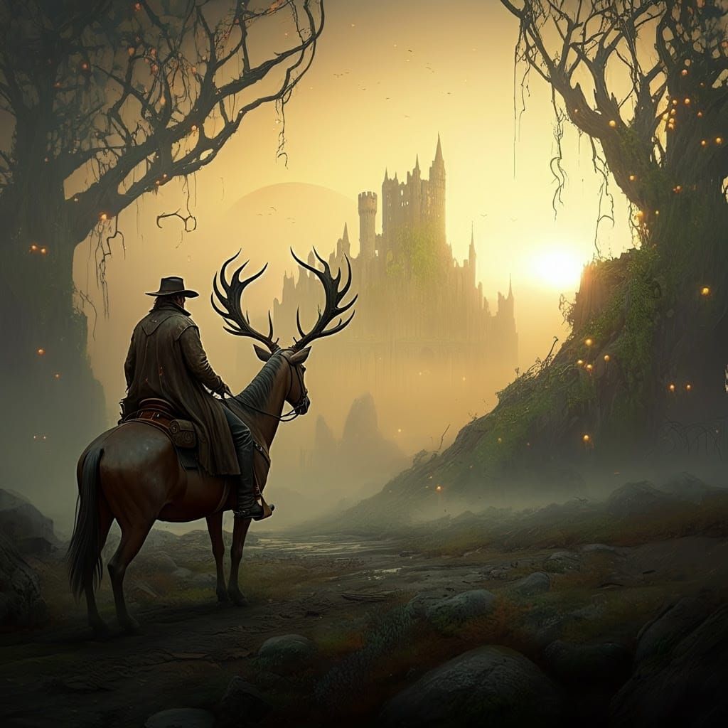 Mystic Cowboy Rides Horned Stag Through Twisted Fantasy Land...