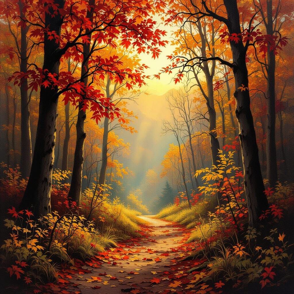 Hudson River School Autumn Forest Landscape