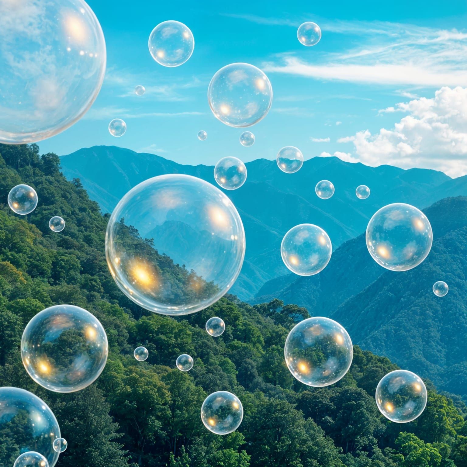 Surreal Landscape of Towering Bubbles and Majestic Mountains