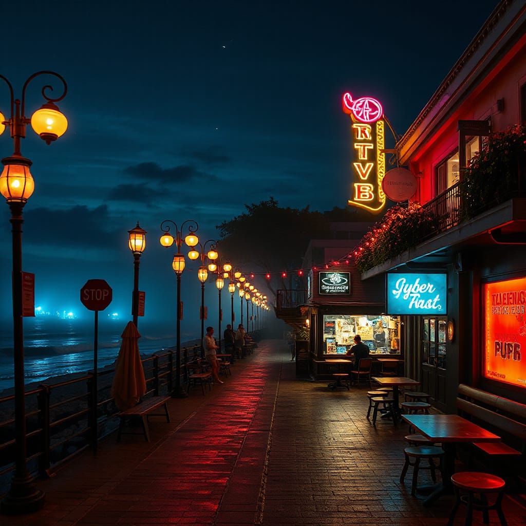 Magical Seaside Boulevard at Night with Lanterns and Firefli...