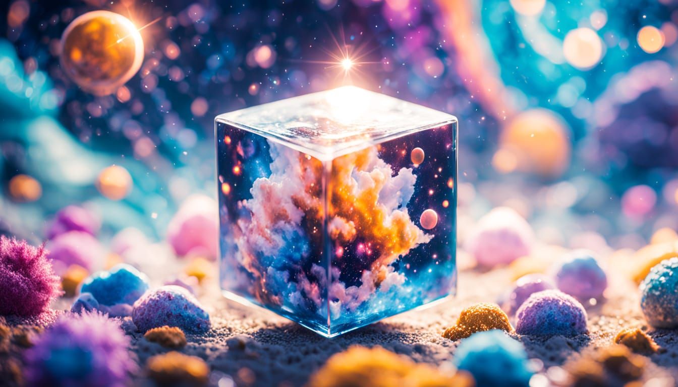 Vibrant Cosmic Art in a Glass Cube