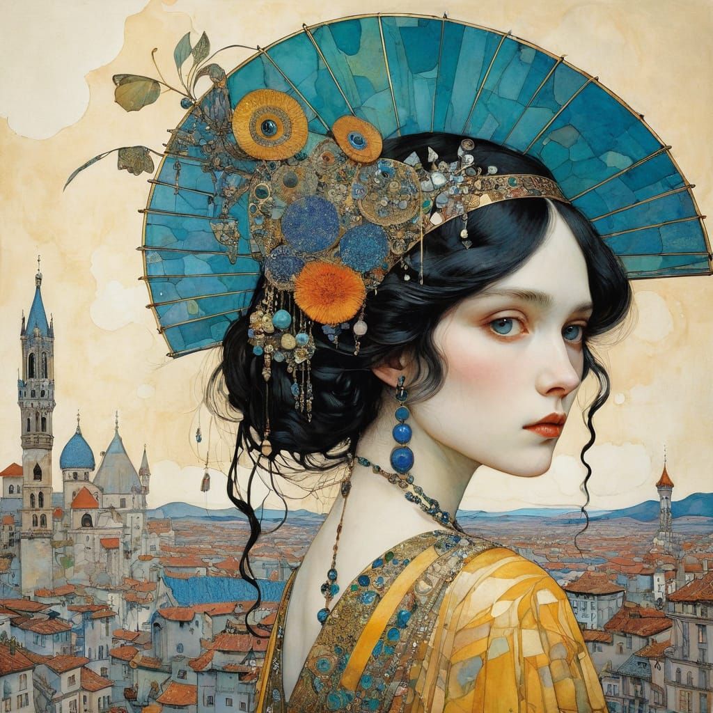 Art Nouveau Portrait in Golden Illustration Style